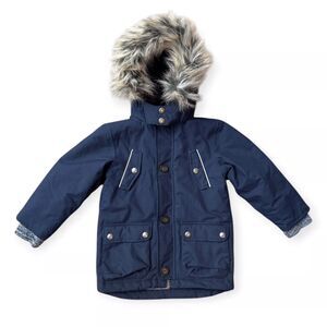 BOYS BODEN NAVY PARKA REMOVABLE FAUX FUR TRIM SIZE 3-4